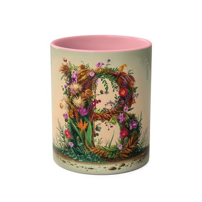 Floral Fantasy Two-Tone Ceramic Mug with Letter B Pink-01