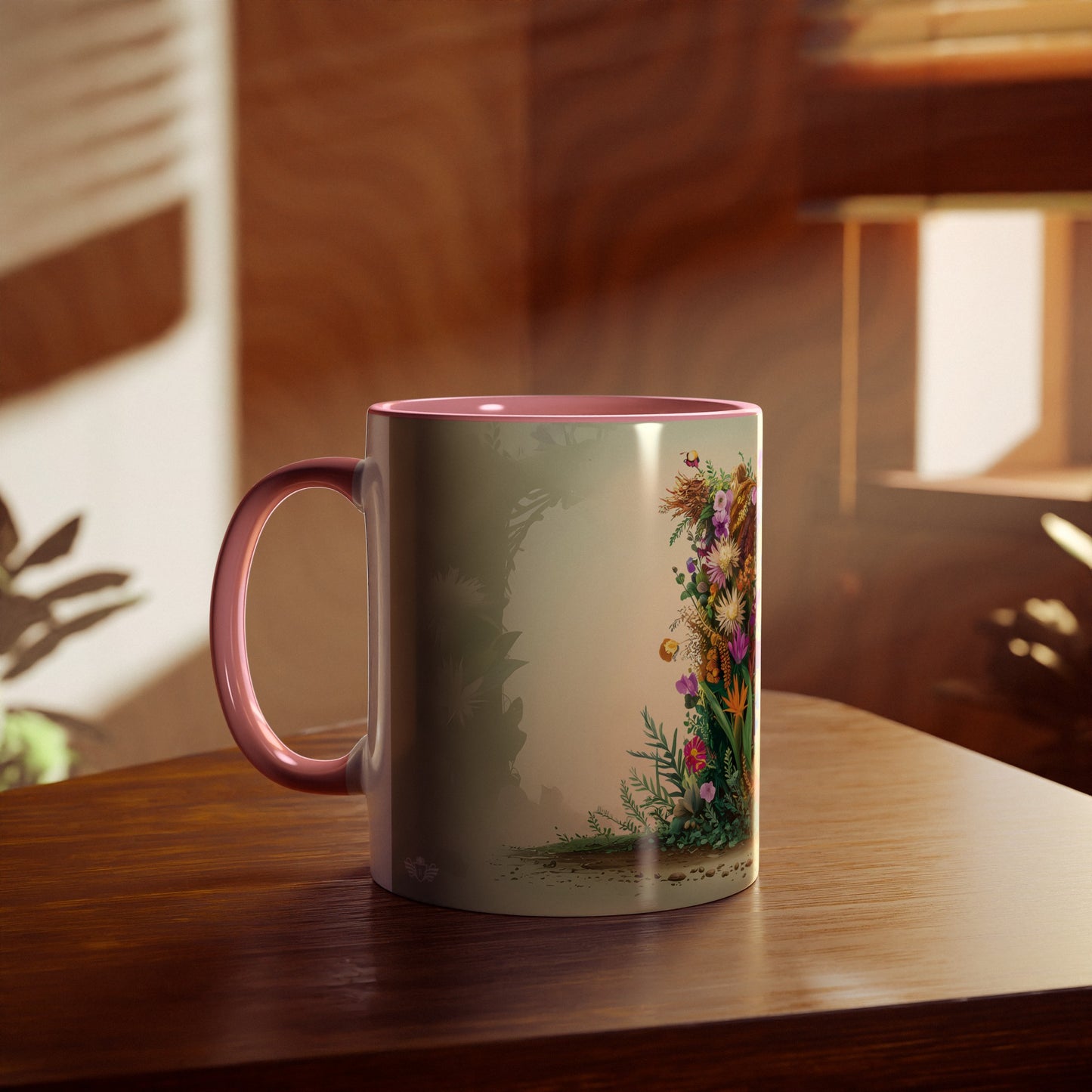 Floral Fantasy Two-Tone Ceramic Mug with Letter B Pink-04