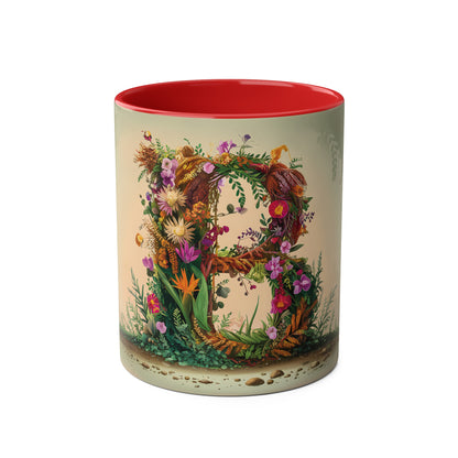 Floral Fantasy Two-Tone Ceramic Mug with Letter B Red-01