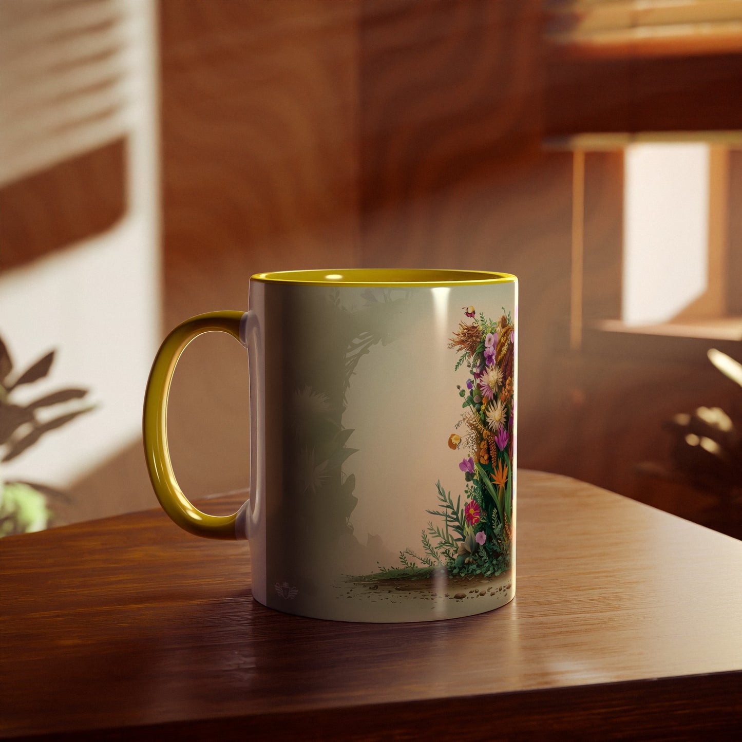 Floral Fantasy Two-Tone Ceramic Mug with Letter B Yellow-04