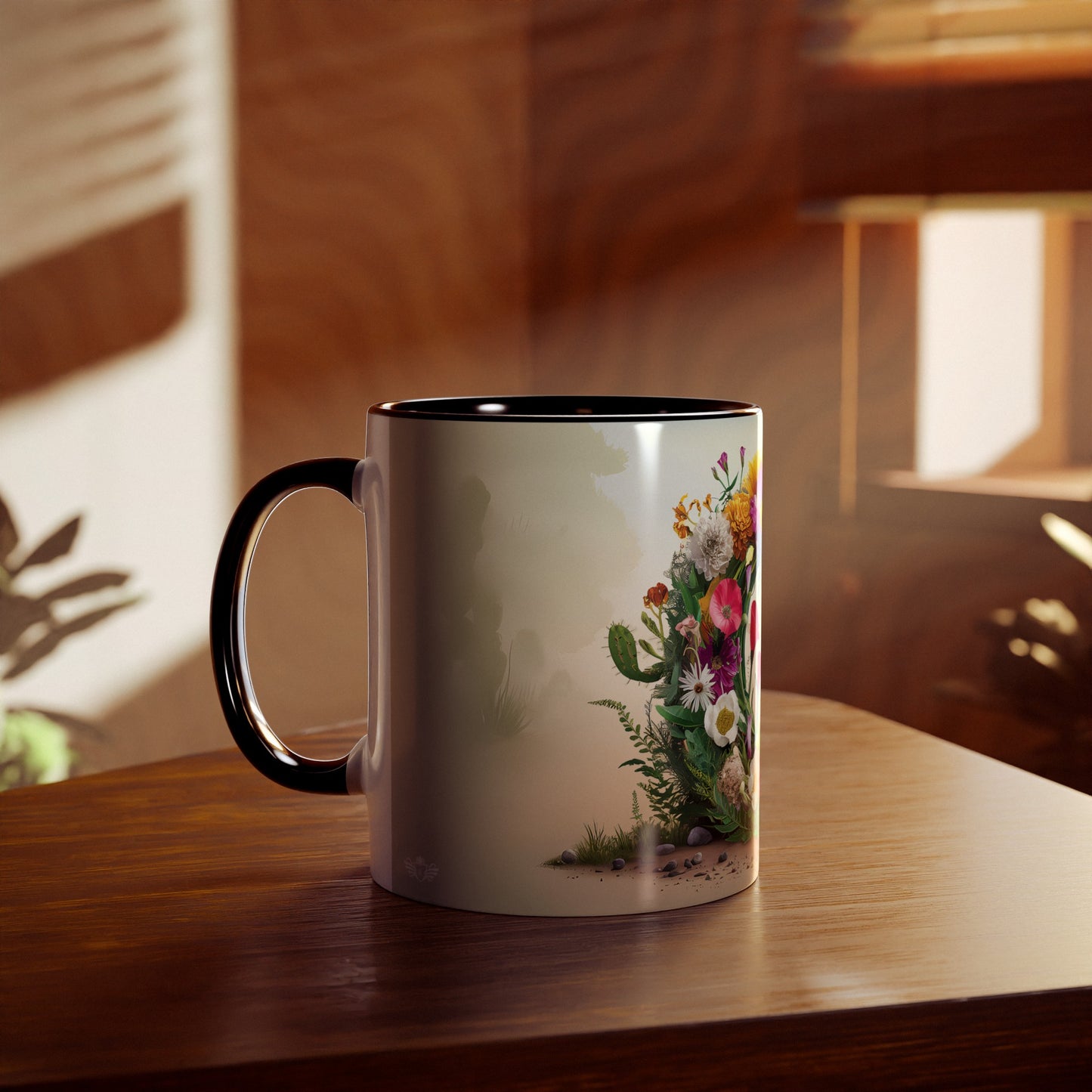 Floral Fantasy Two-Tone Ceramic Mug with Letter C Black-04