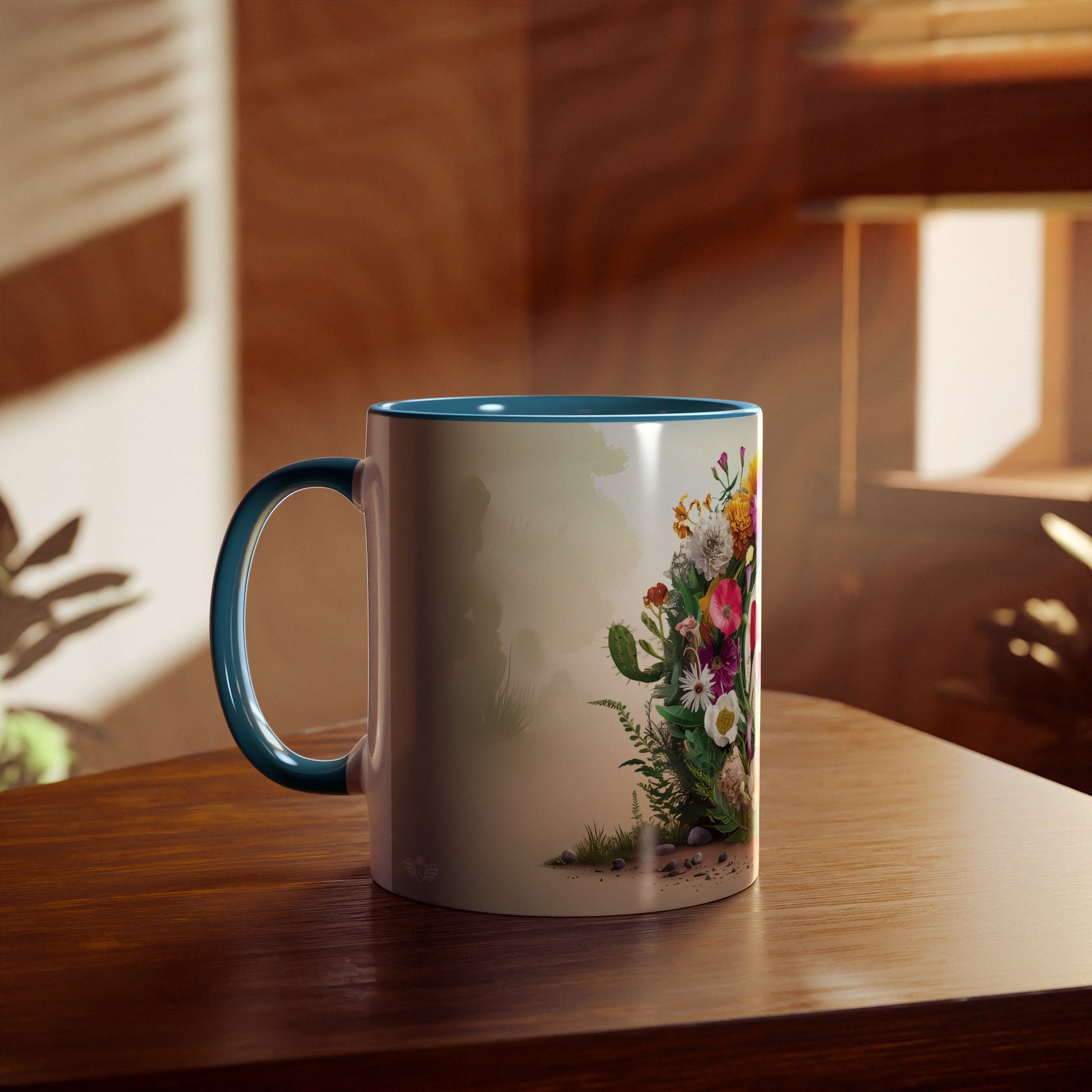 Floral Fantasy Two-Tone Ceramic Mug with Letter C Blue-04