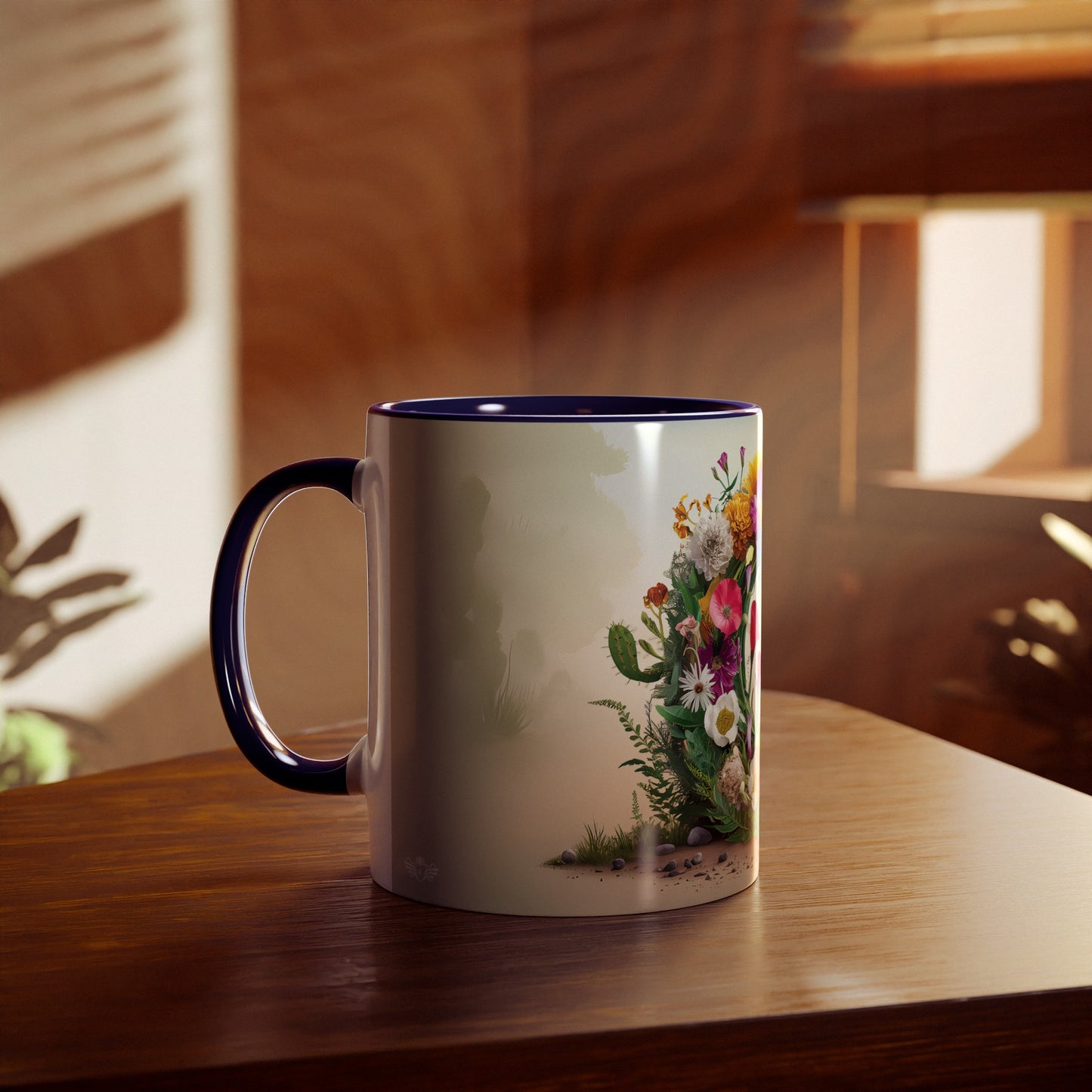 Floral Fantasy Two-Tone Ceramic Mug with Letter C Dark Blue-04