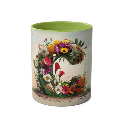 Floral Fantasy Two-Tone Ceramic Mug with Letter C