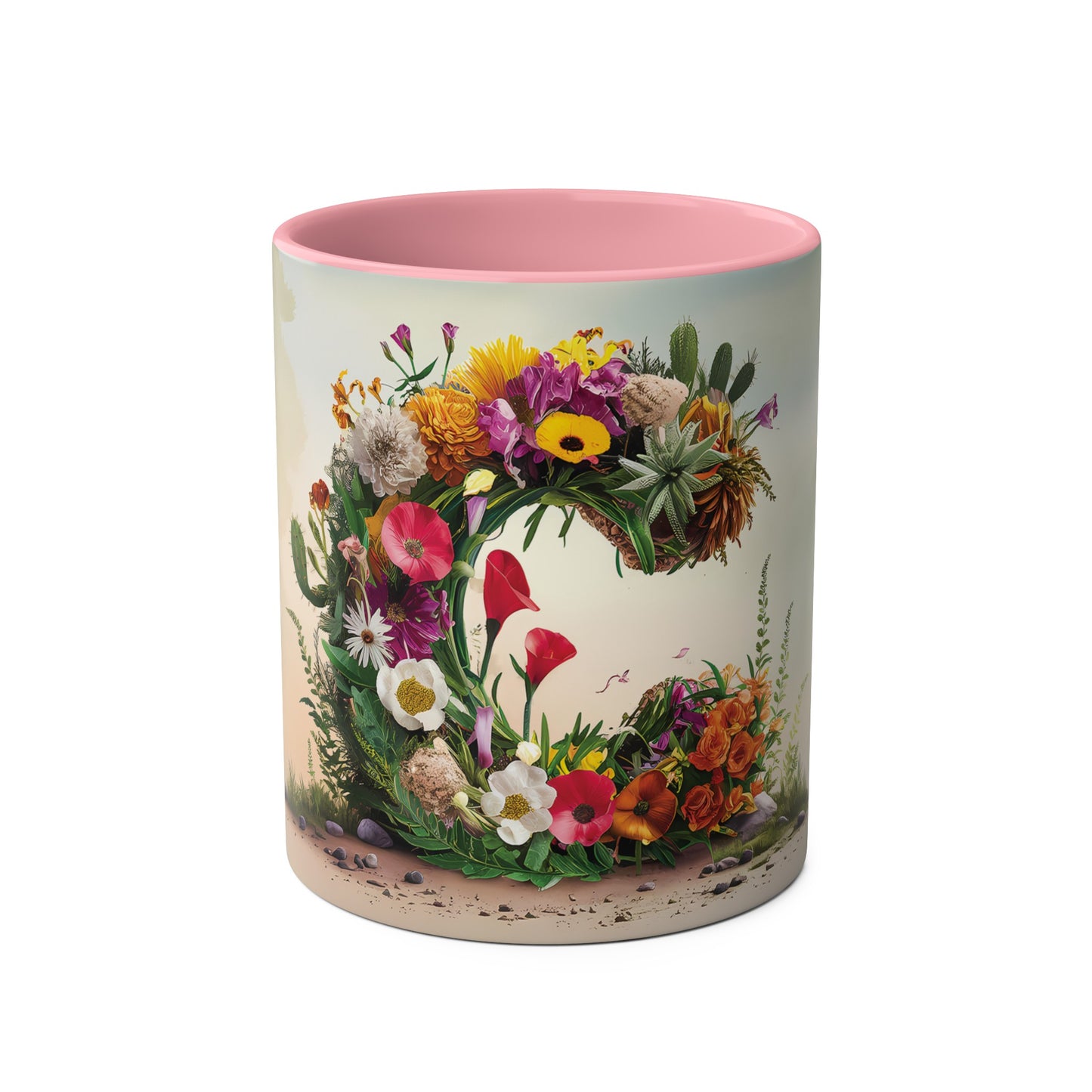 Floral Fantasy Two-Tone Ceramic Mug with Letter C Pink-01