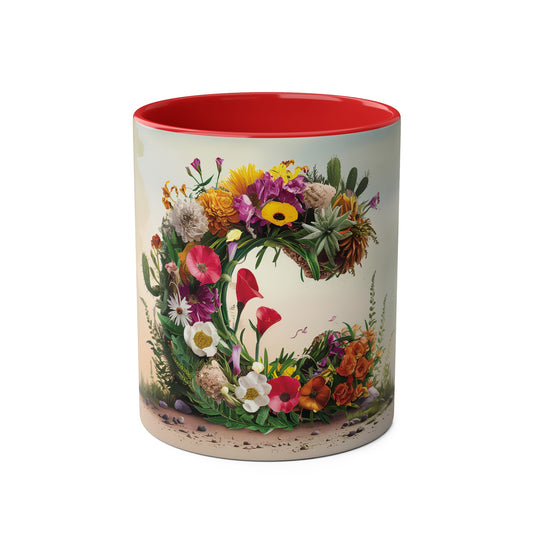 Floral Fantasy Two-Tone Ceramic Mug with Letter C Red-01