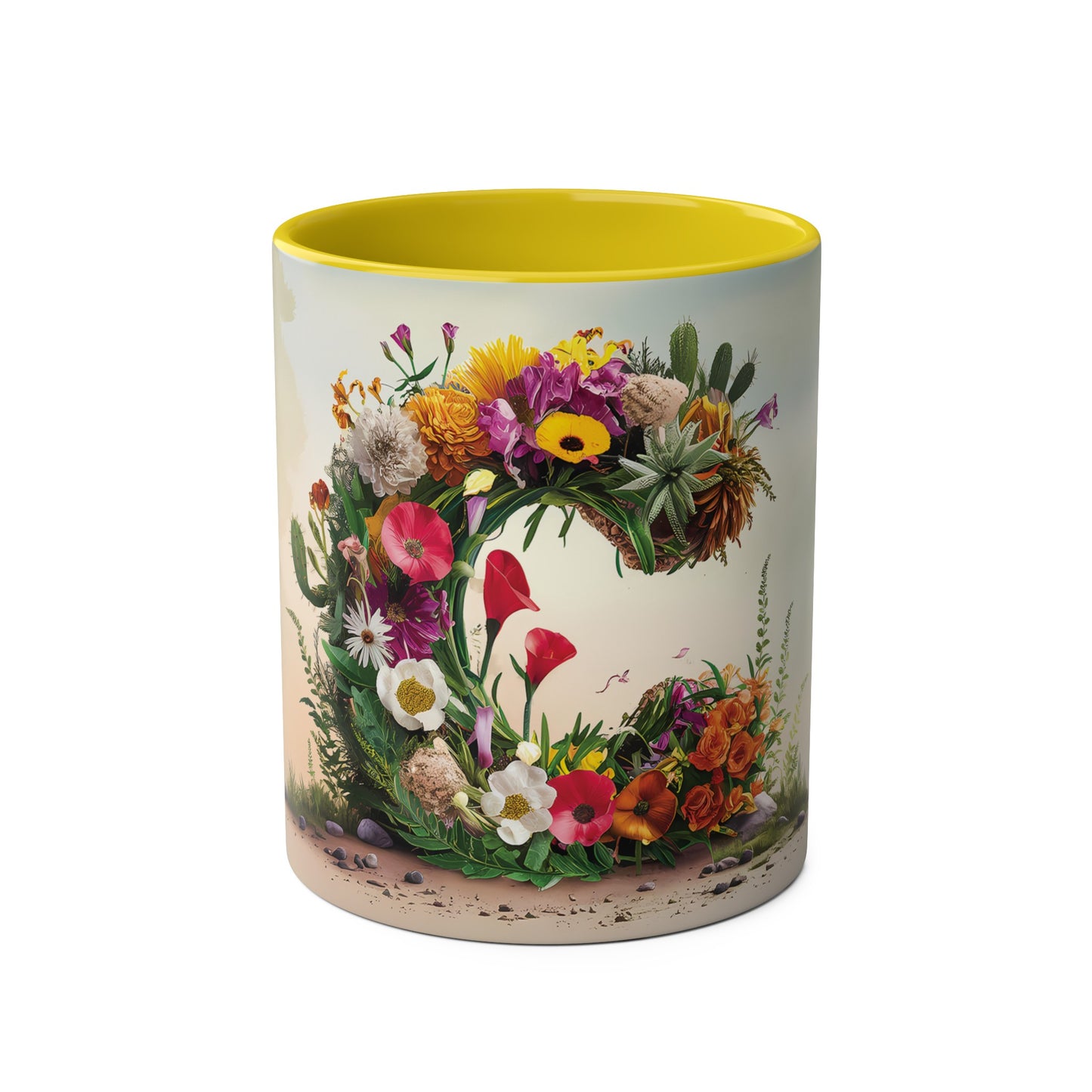 Floral Fantasy Two-Tone Ceramic Mug with Letter C Yellow-01