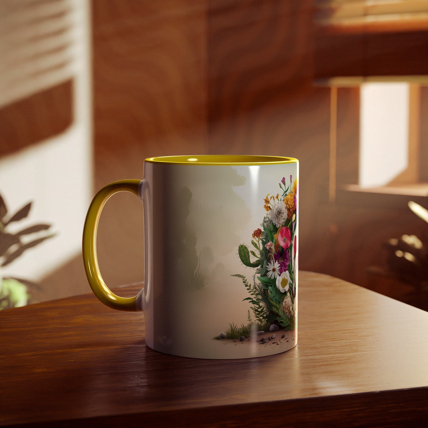 Floral Fantasy Two-Tone Ceramic Mug with Letter C Yellow-04