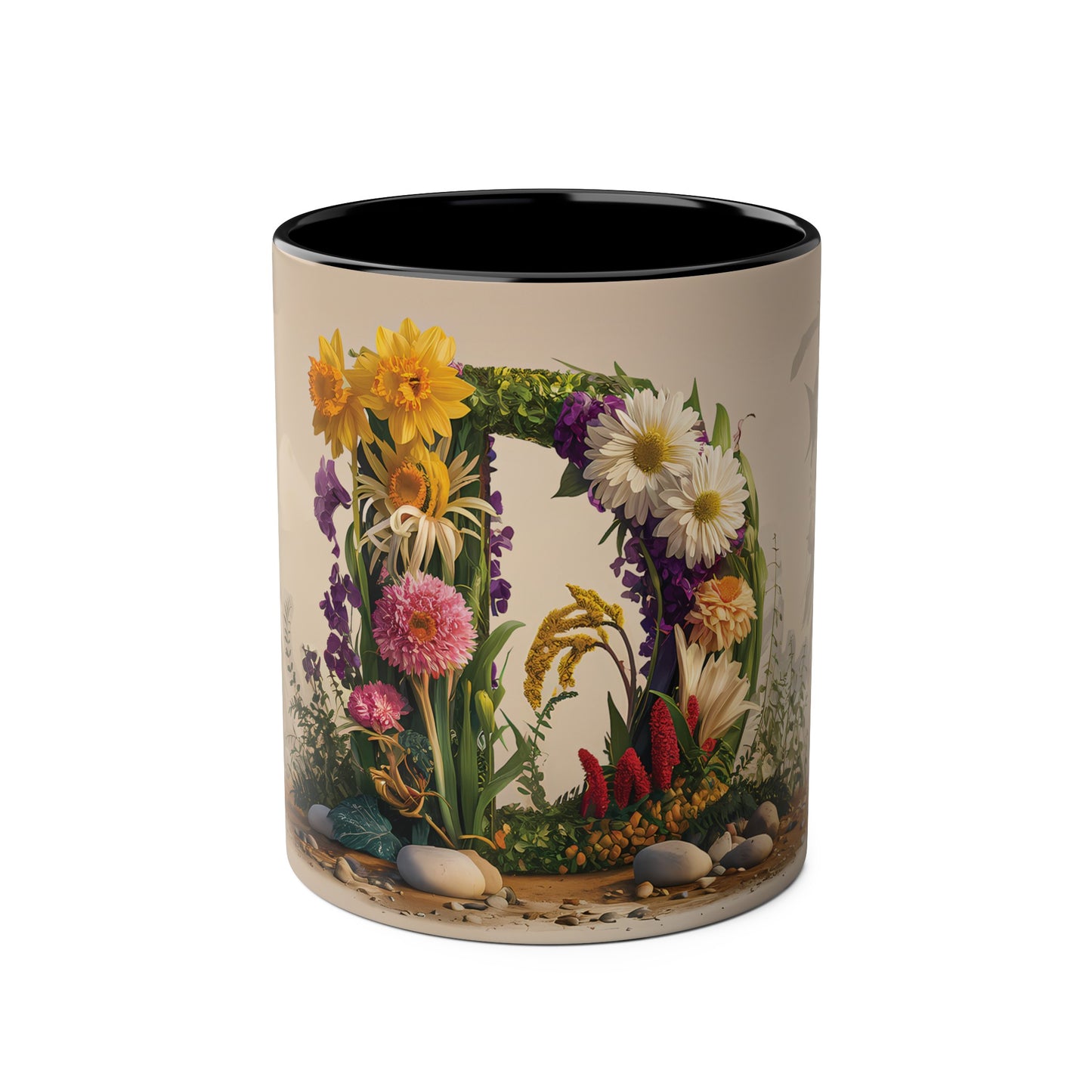 Floral Fantasy Two-Tone Ceramic Mug with Letter D Black-01