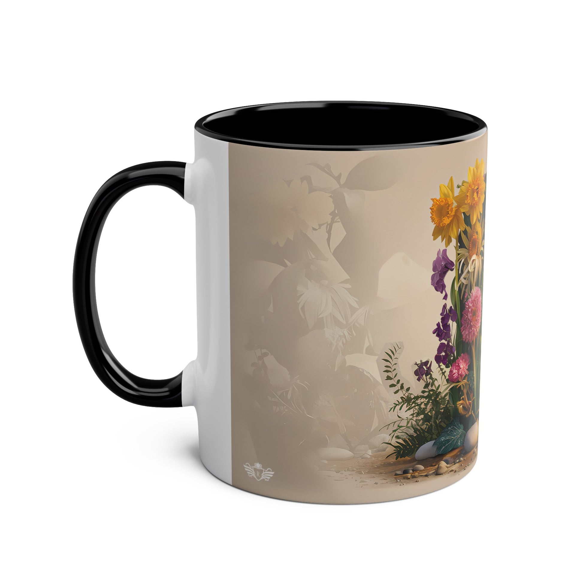 Floral Fantasy Two-Tone Ceramic Mug with Letter D Black-02