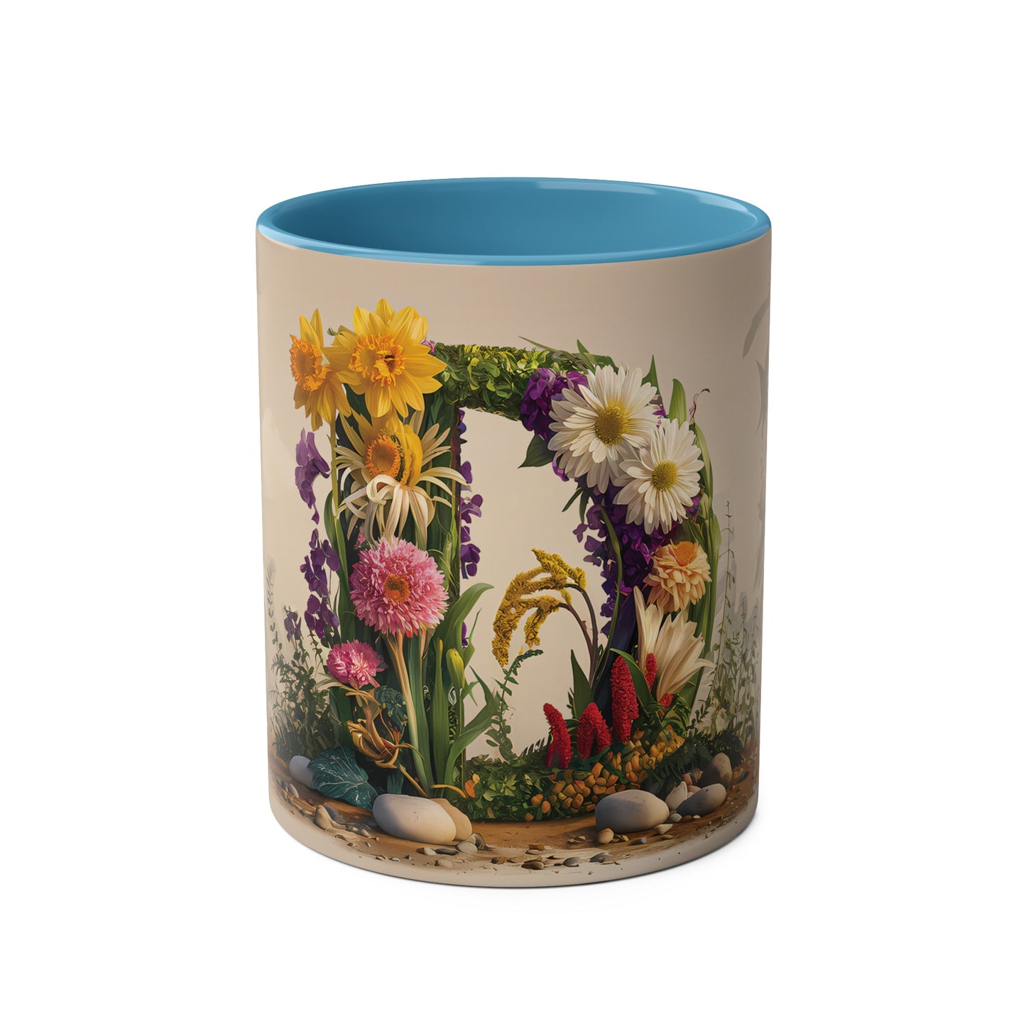 Floral Fantasy Two-Tone Ceramic Mug with Letter D Blue-01