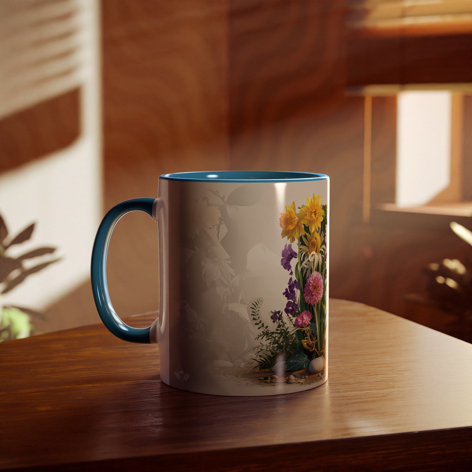 Floral Fantasy Two-Tone Ceramic Mug with Letter D Blue-04