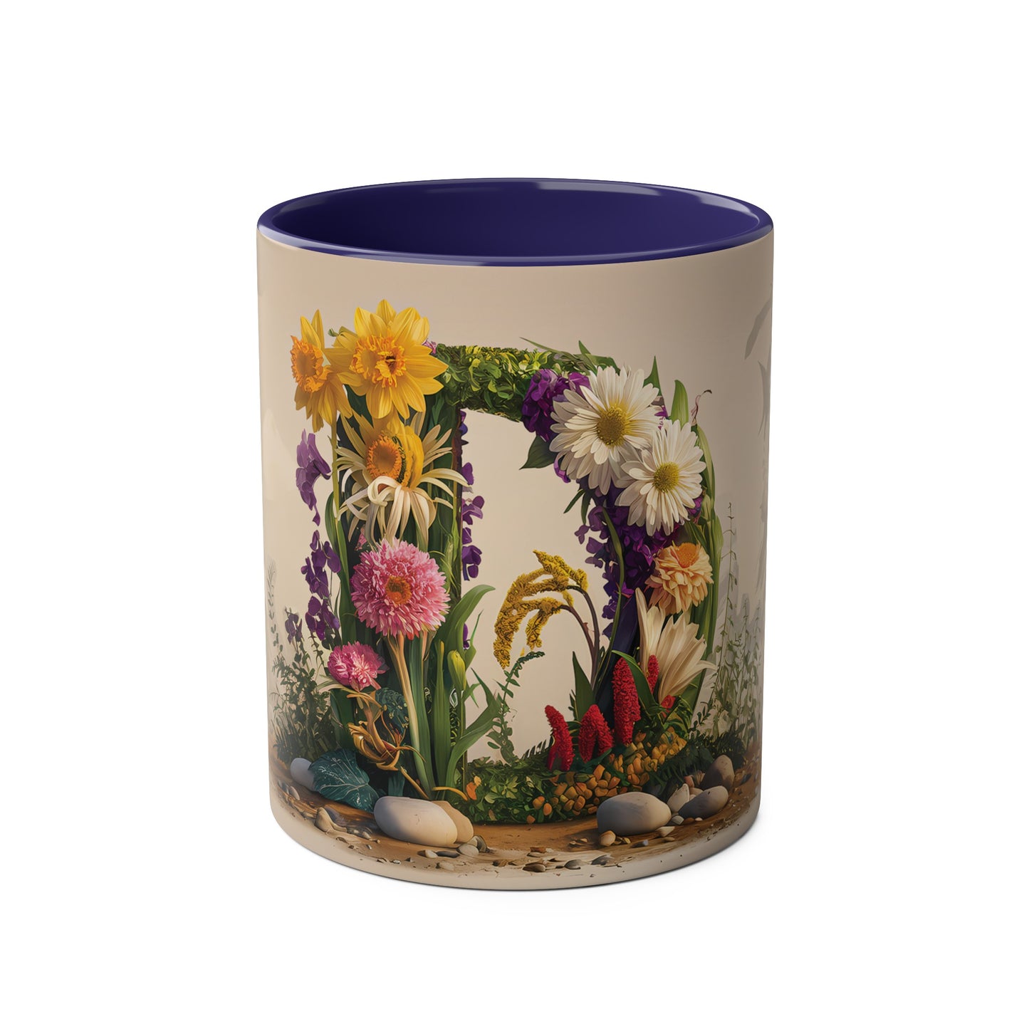 Floral Fantasy Two-Tone Ceramic Mug with Letter D Dark Blue-01