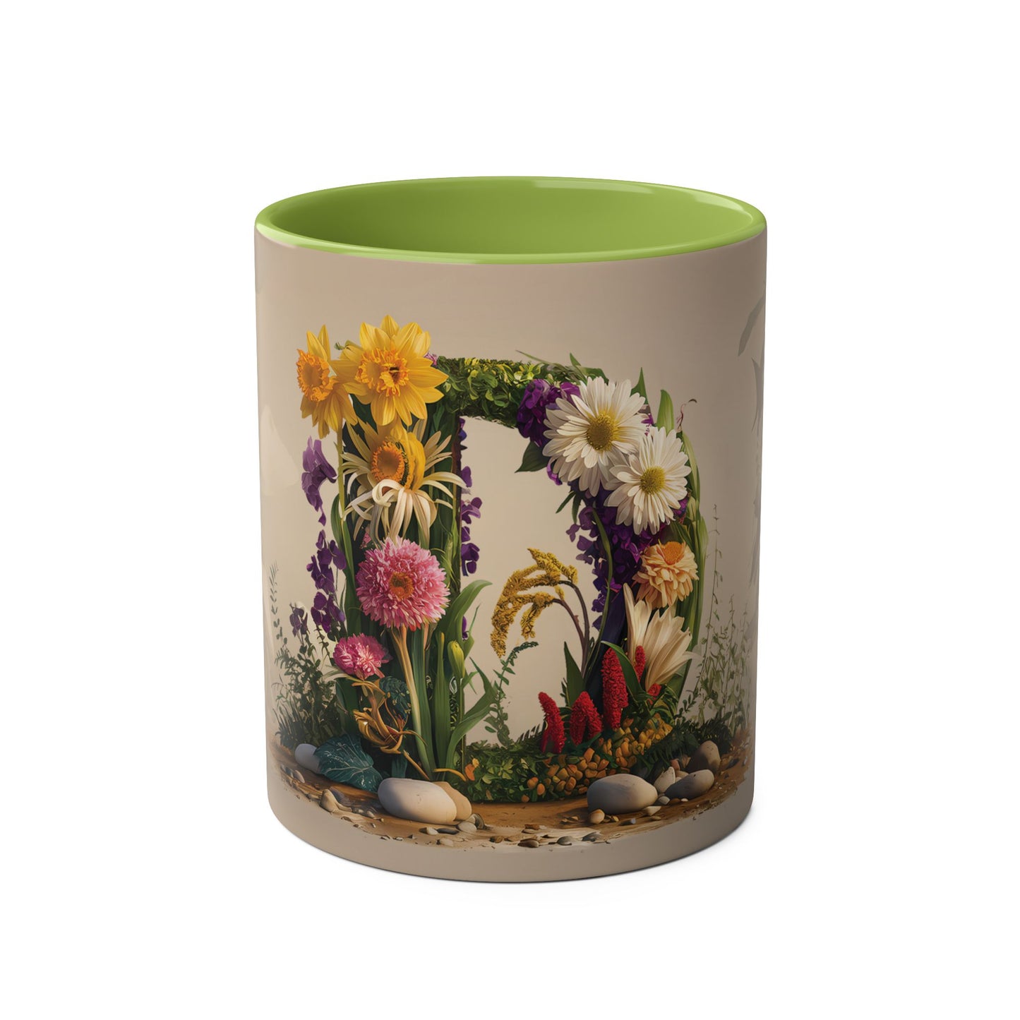 Floral Fantasy Two-Tone Ceramic Mug with Letter D