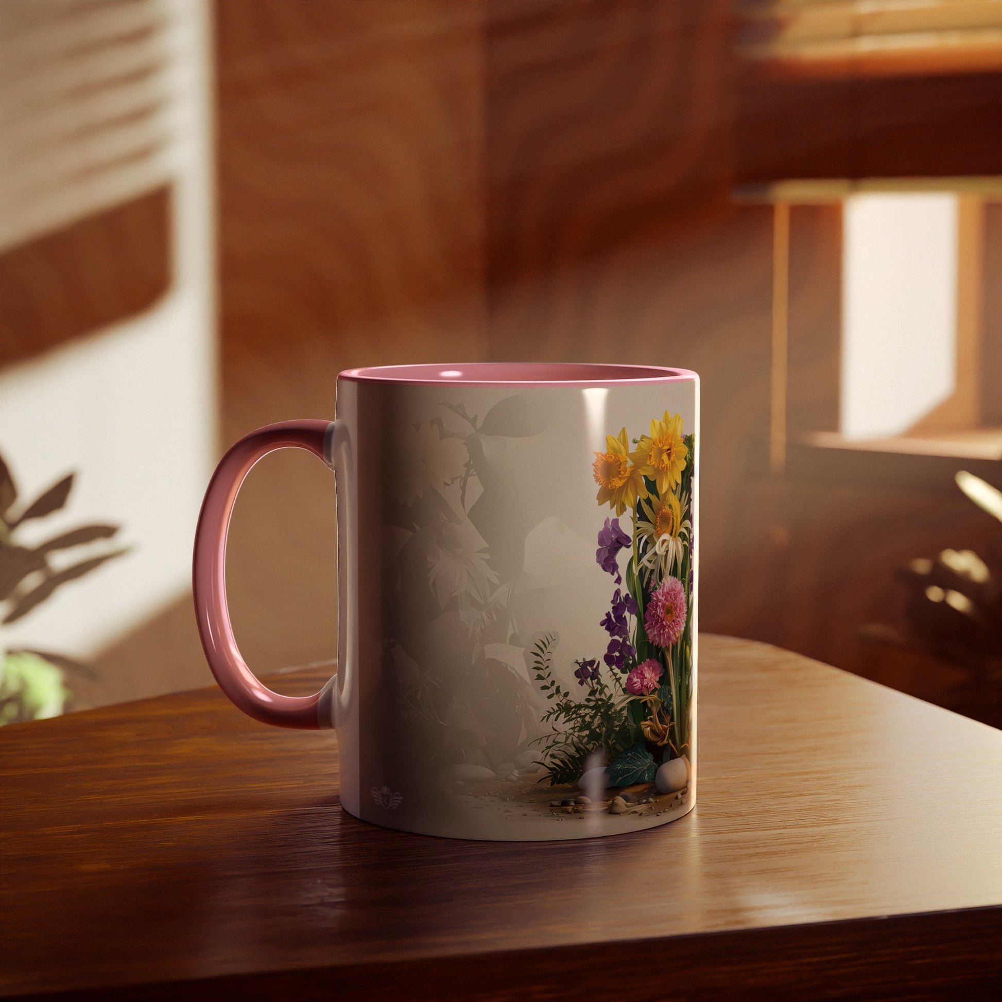 Floral Fantasy Two-Tone Ceramic Mug with Letter D Pink-04