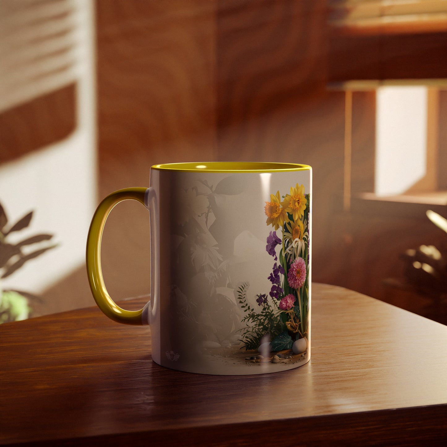 Floral Fantasy Two-Tone Ceramic Mug with Letter D Yellow-04