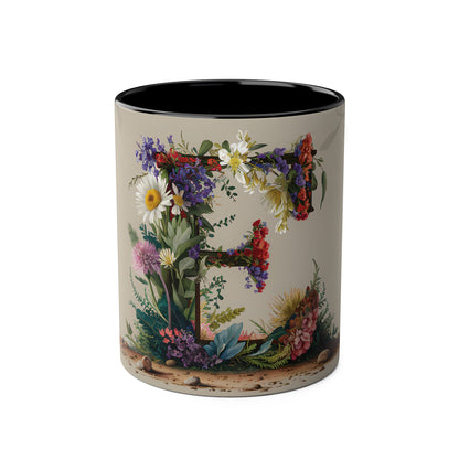 Floral Fantasy Two-Tone Ceramic Mug with Letter E Black-01