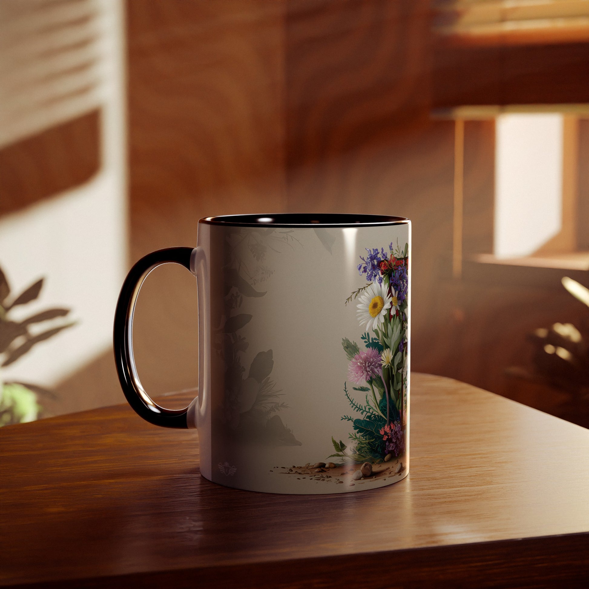 Floral Fantasy Two-Tone Ceramic Mug with Letter E Black-04