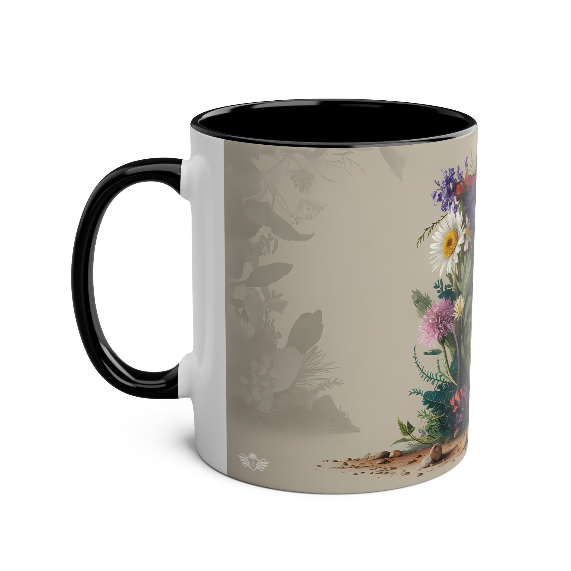 Floral Fantasy Two-Tone Ceramic Mug with Letter E Black-02