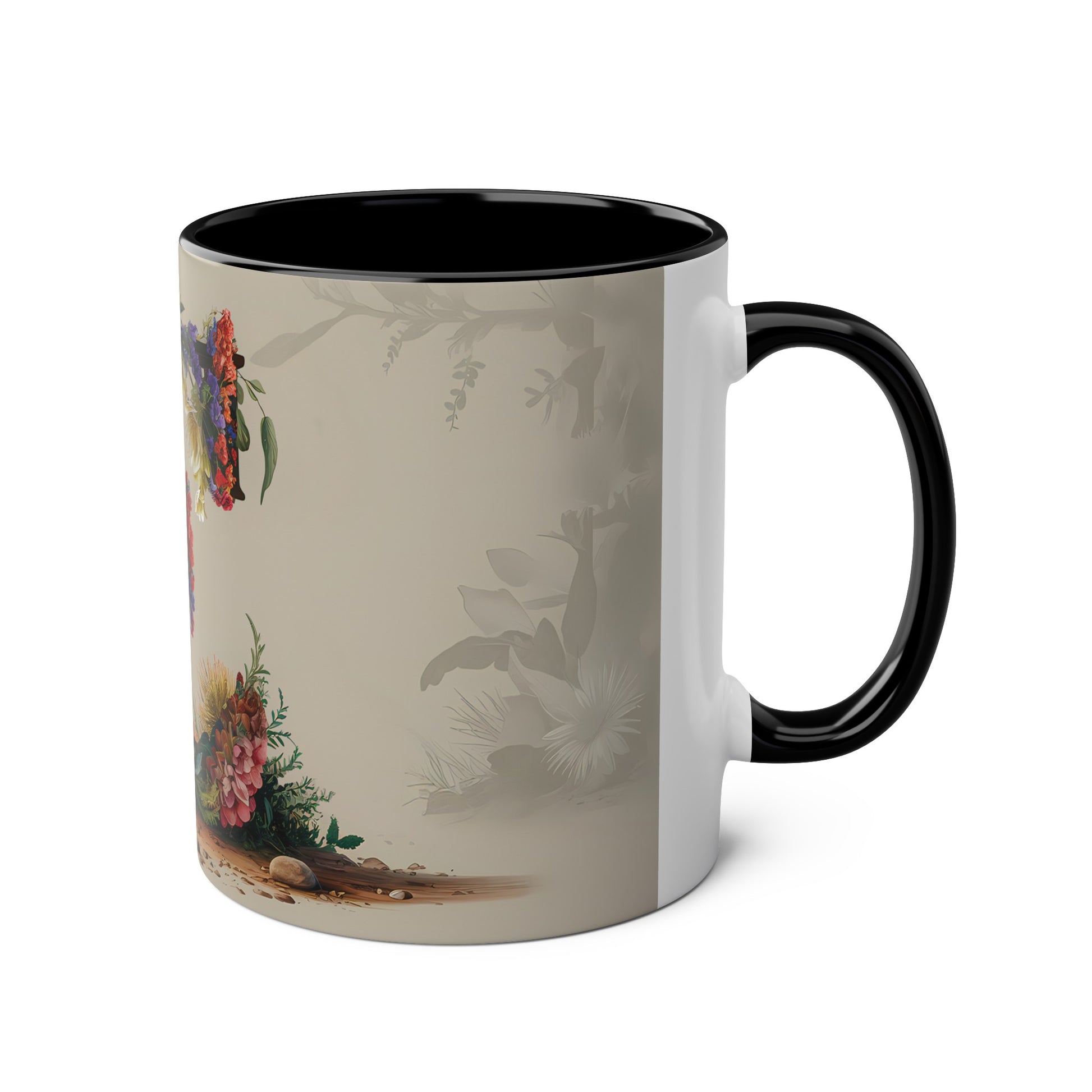 Floral Fantasy Two-Tone Ceramic Mug with Letter E Black-03