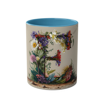 Floral Fantasy Two-Tone Ceramic Mug with Letter E Blue-01