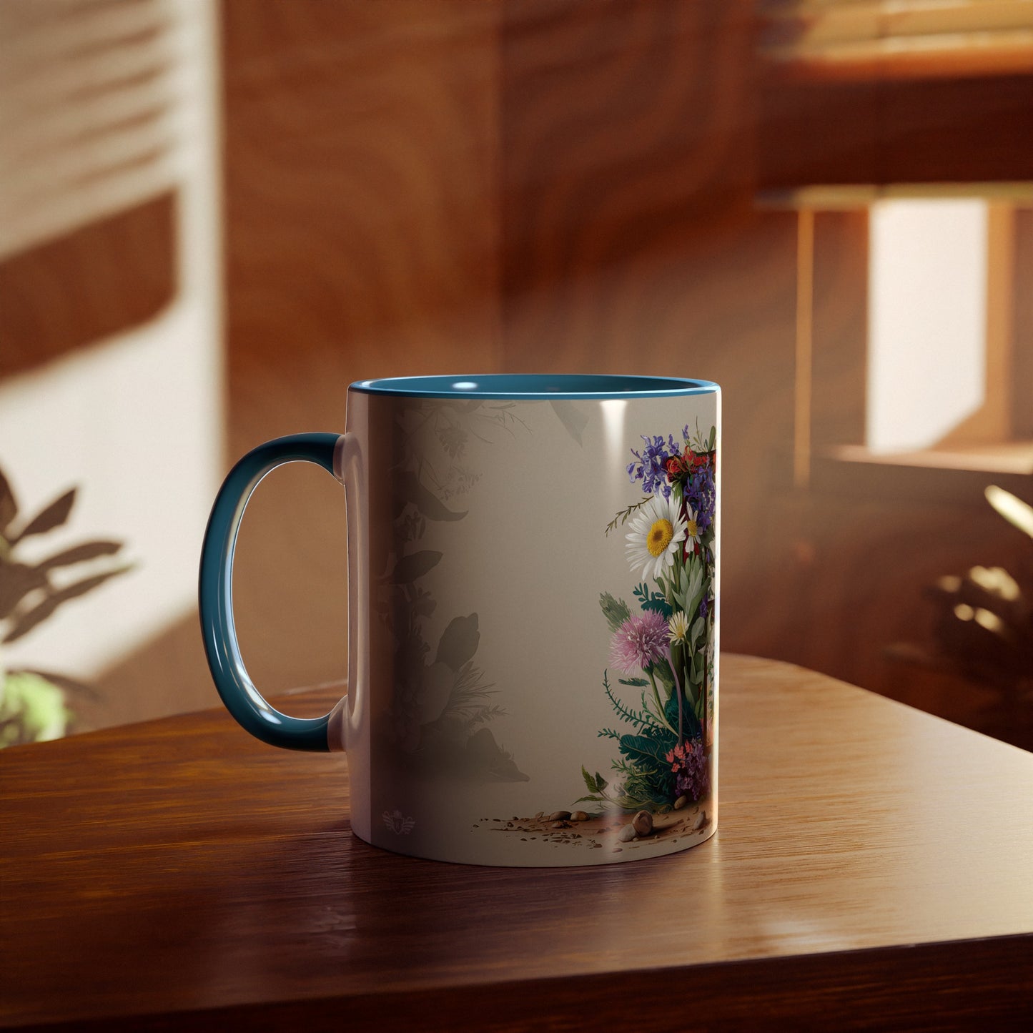 Floral Fantasy Two-Tone Ceramic Mug with Letter E Blue-04