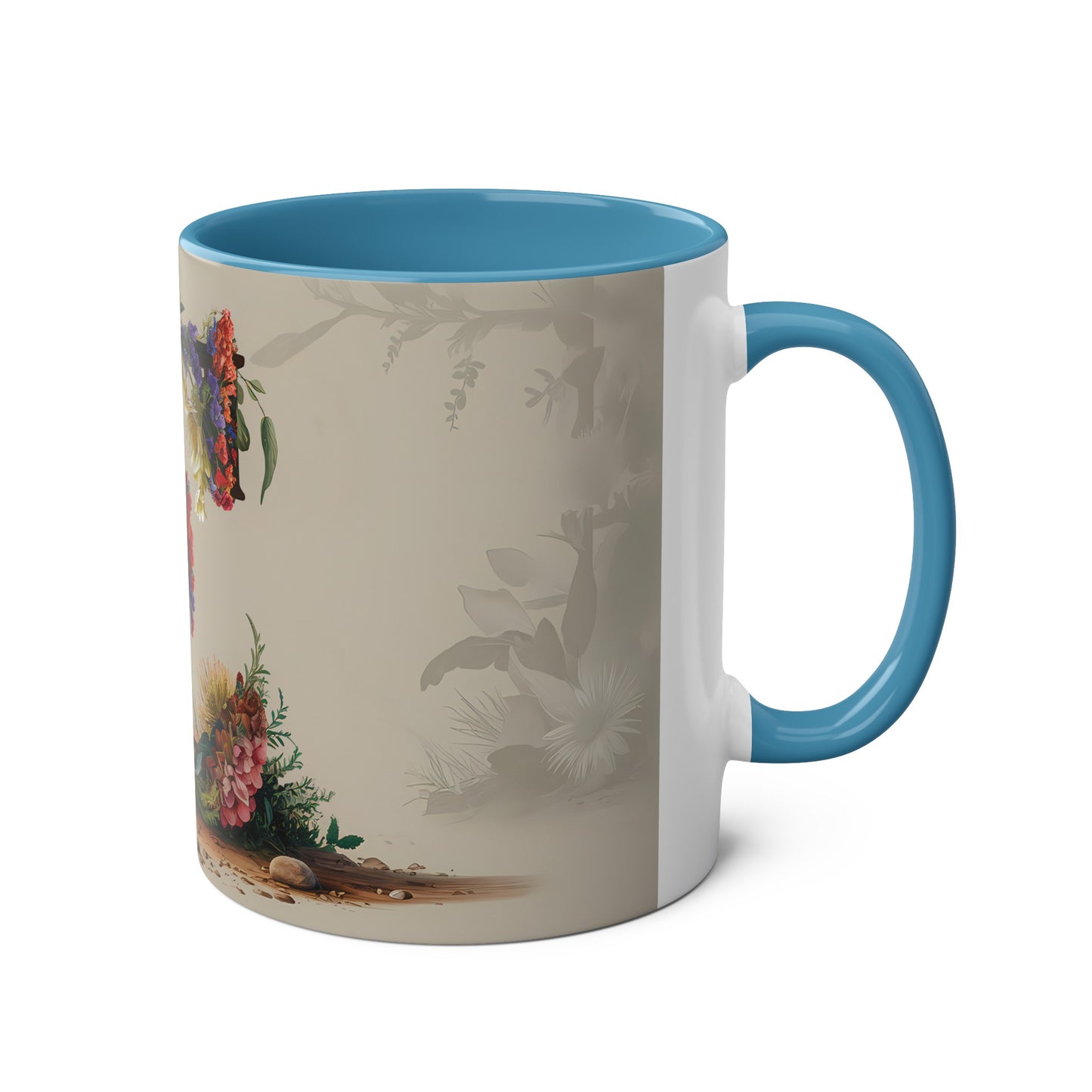 Floral Fantasy Two-Tone Ceramic Mug with Letter E Blue-03