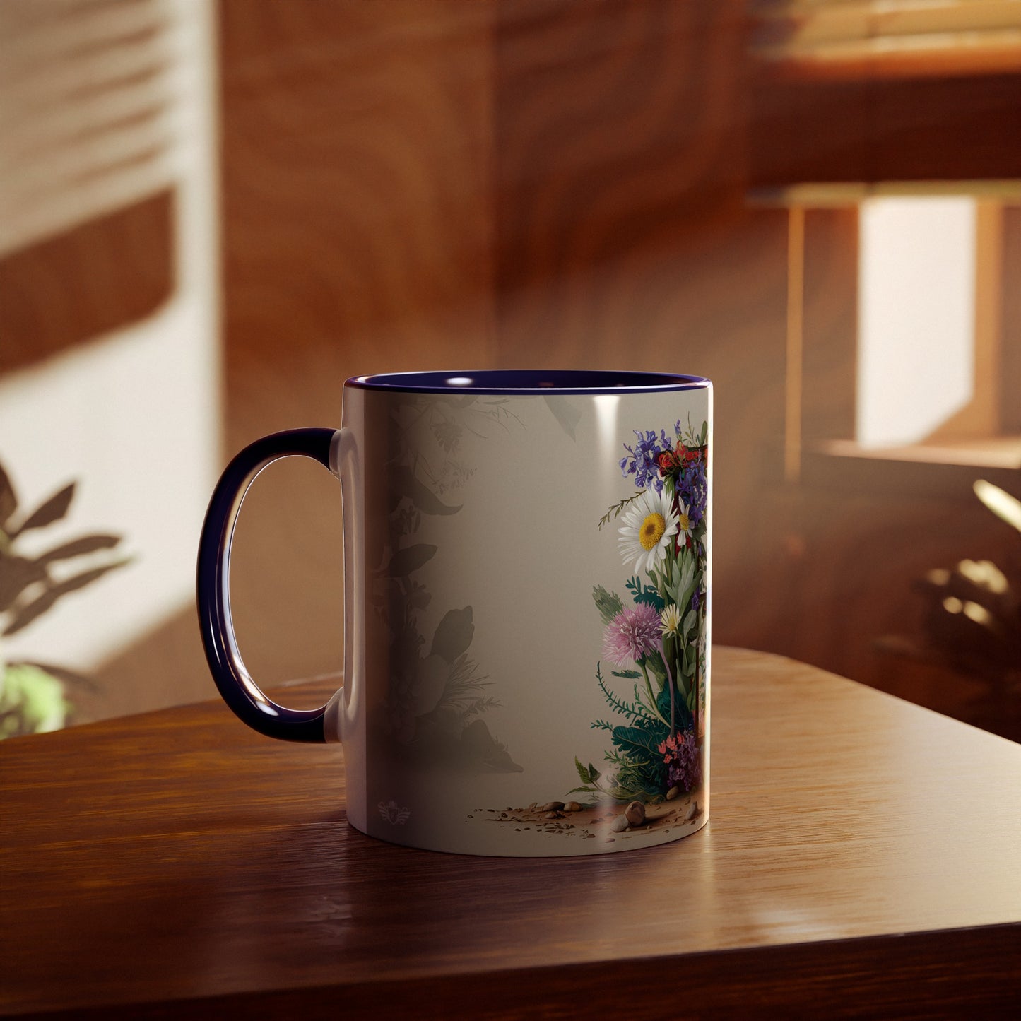 Floral Fantasy Two-Tone Ceramic Mug with Letter E Dark Blue-04