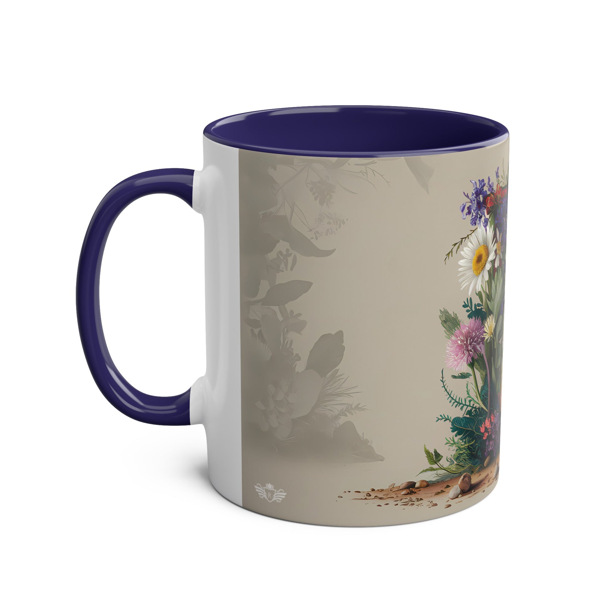 Floral Fantasy Two-Tone Ceramic Mug with Letter E Dark Blue-02