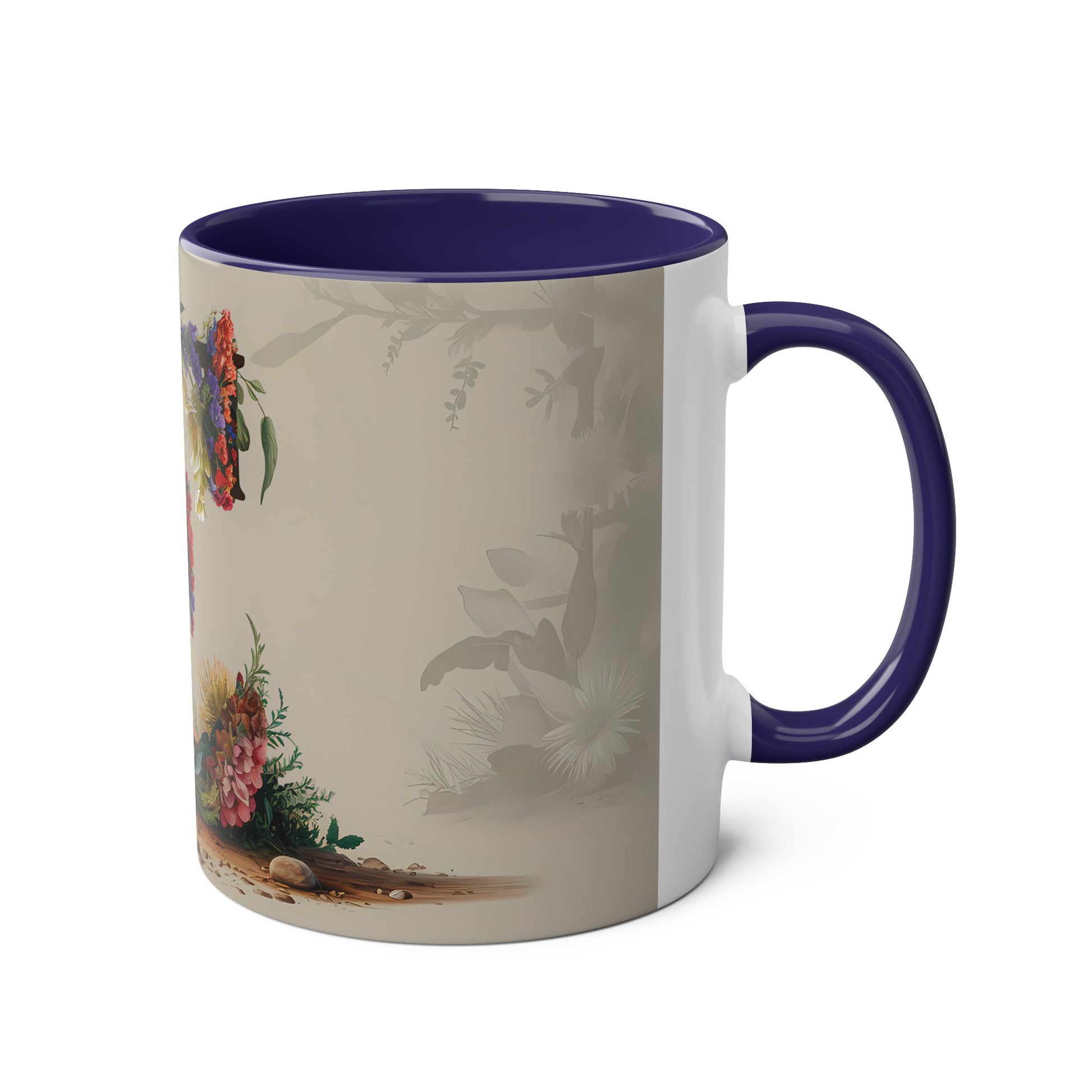 Floral Fantasy Two-Tone Ceramic Mug with Letter E Dark Blue-03