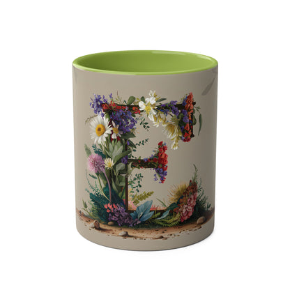 Floral Fantasy Two-Tone Ceramic Mug with Letter E