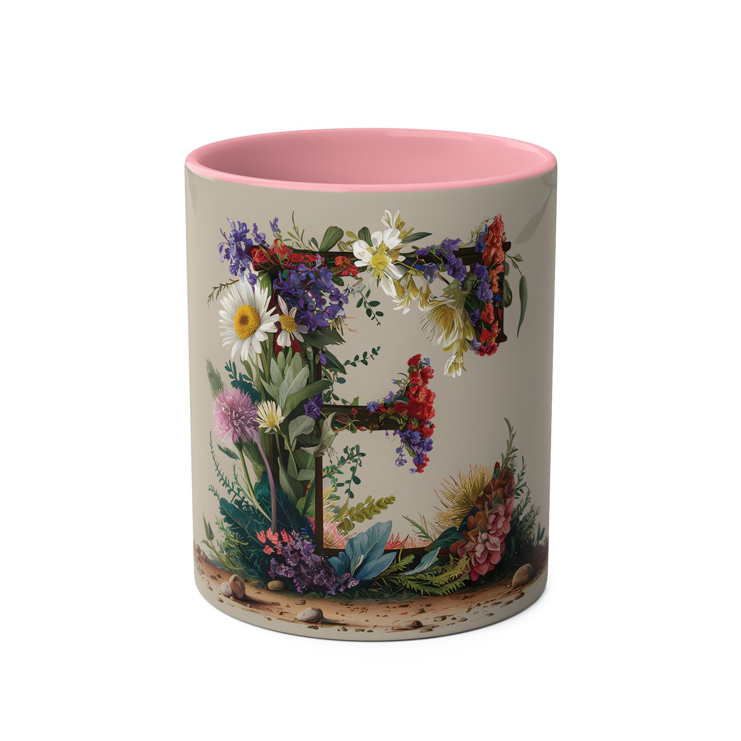 Floral Fantasy Two-Tone Ceramic Mug with Letter E Pink-01