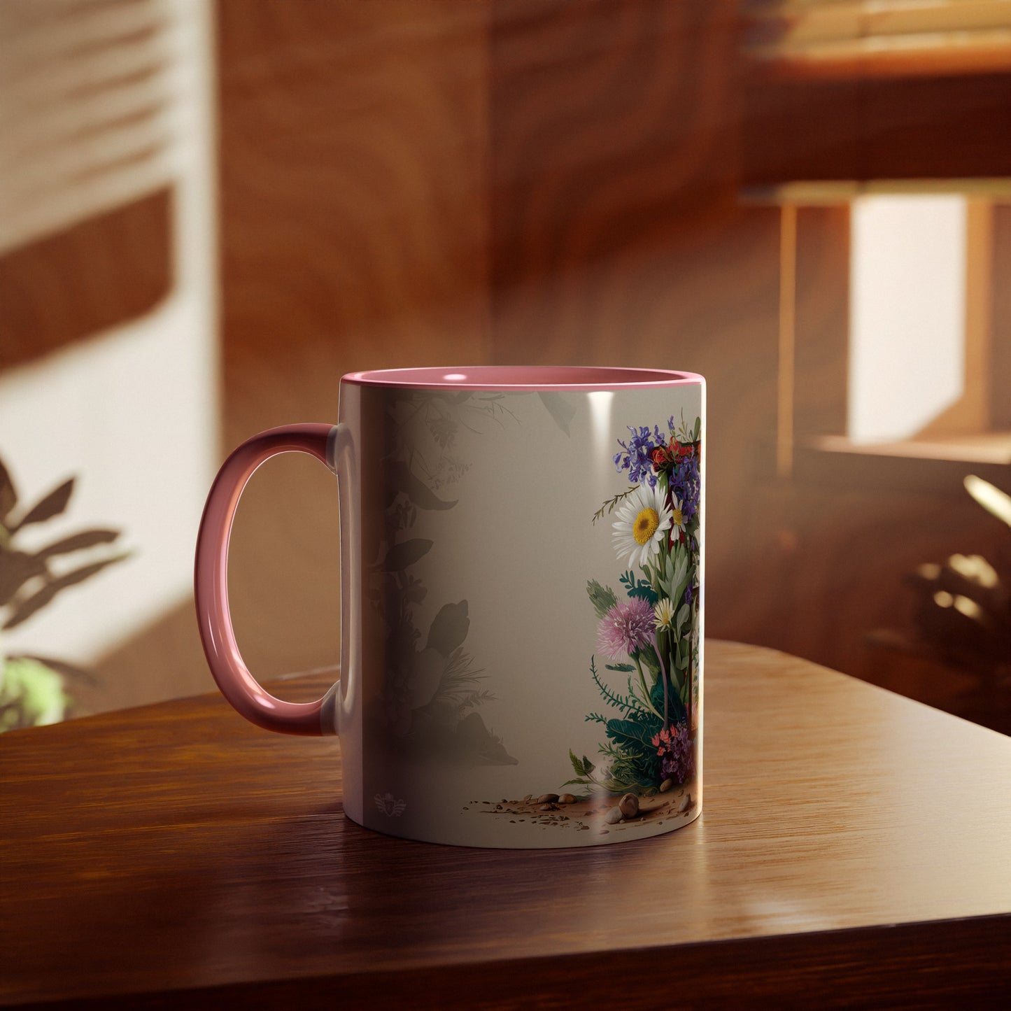 Floral Fantasy Two-Tone Ceramic Mug with Letter E Pink-04