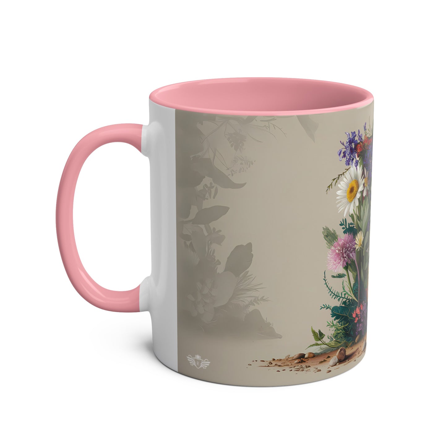 Floral Fantasy Two-Tone Ceramic Mug with Letter E Pink-02