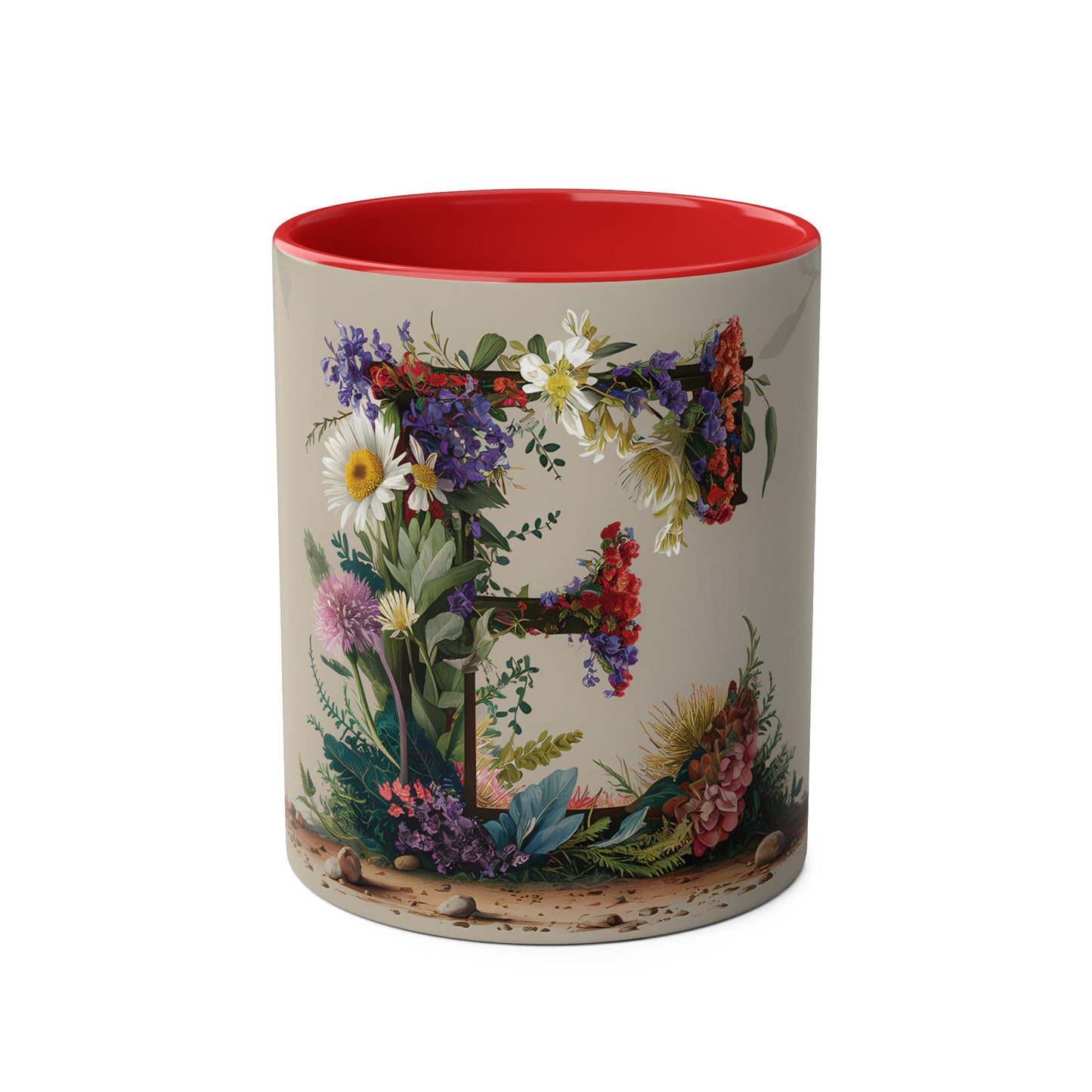 Floral Fantasy Two-Tone Ceramic Mug with Letter E Red-01