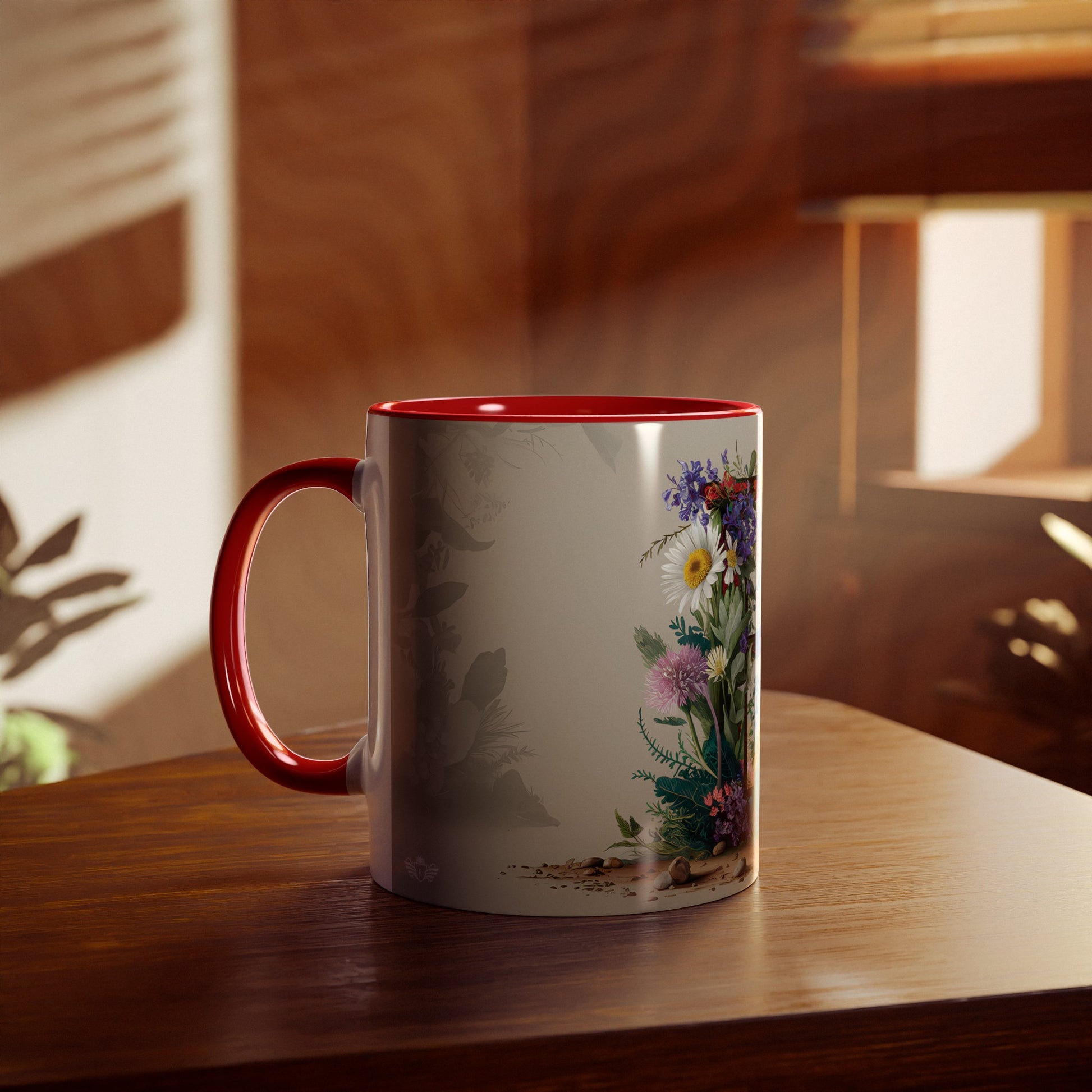 Floral Fantasy Two-Tone Ceramic Mug with Letter E Red-04