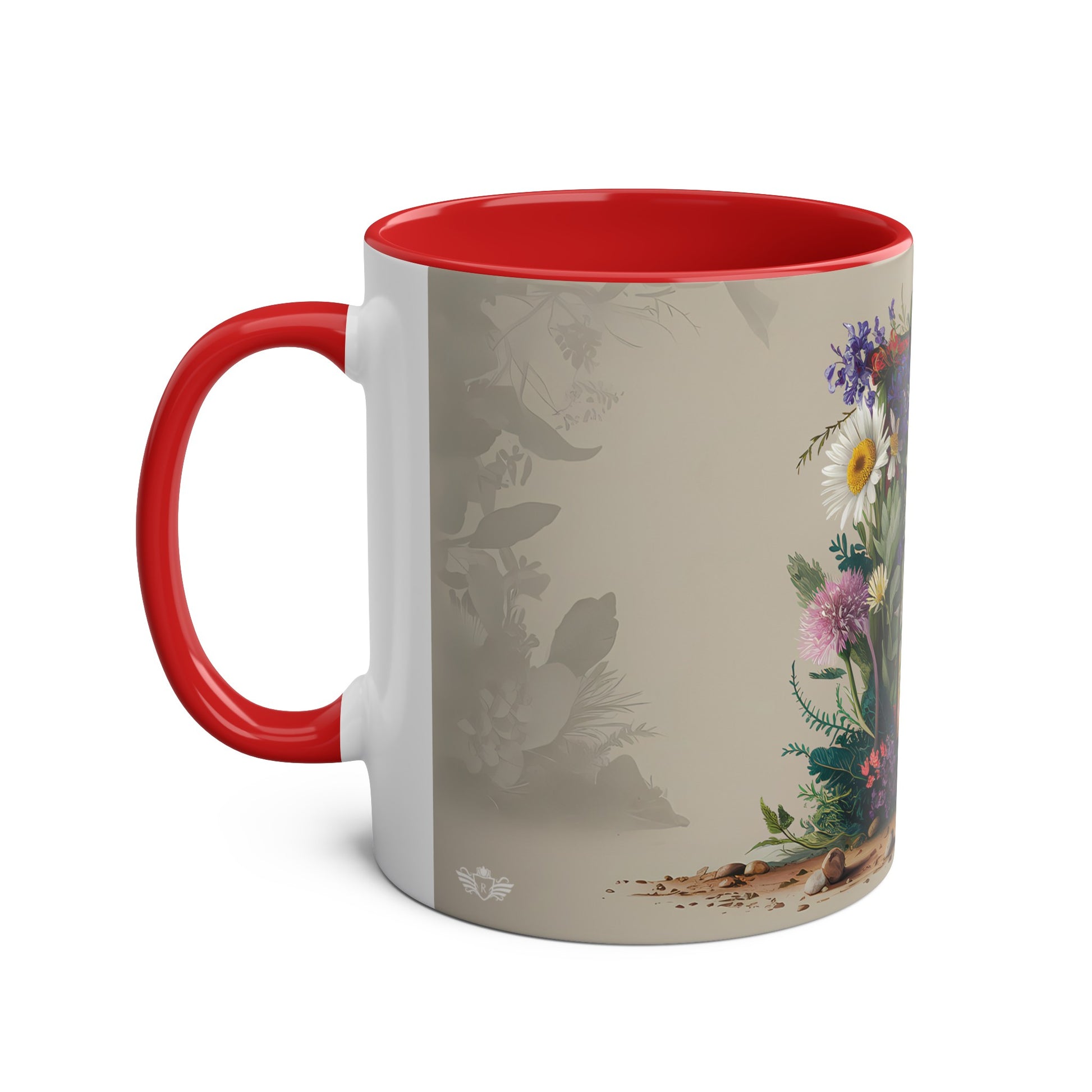 Floral Fantasy Two-Tone Ceramic Mug with Letter E Red-02