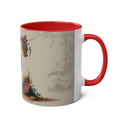 Floral Fantasy Two-Tone Ceramic Mug with Letter E Red-03