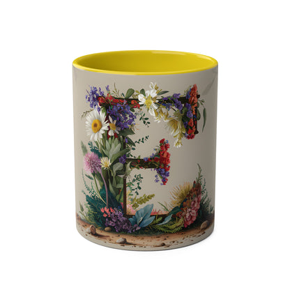 Floral Fantasy Two-Tone Ceramic Mug with Letter E Yellow-01