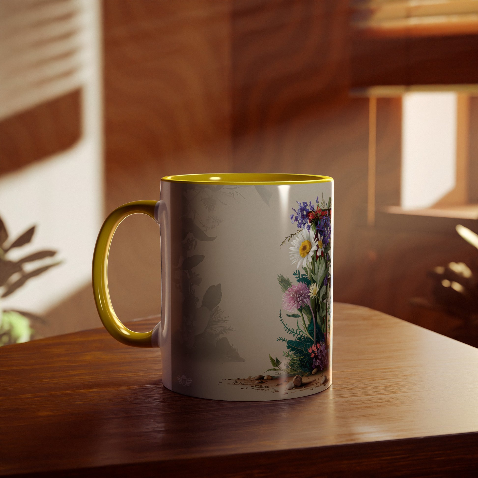 Floral Fantasy Two-Tone Ceramic Mug with Letter E Yellow-04