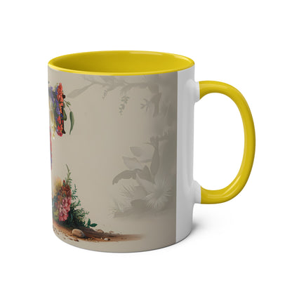 Floral Fantasy Two-Tone Ceramic Mug with Letter E Yellow-03