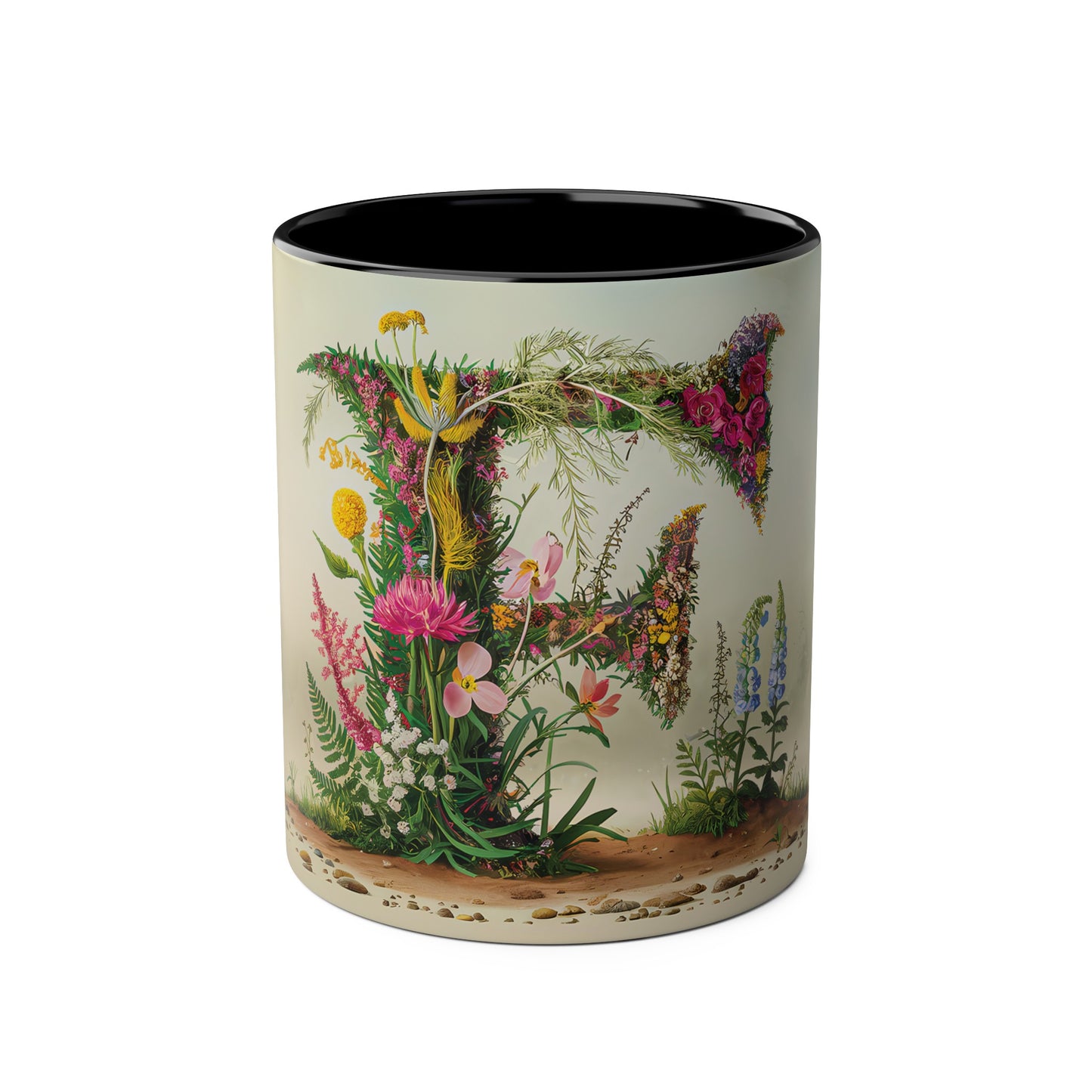 Floral Fantasy Two-Tone Ceramic Mug with Letter F Black-01