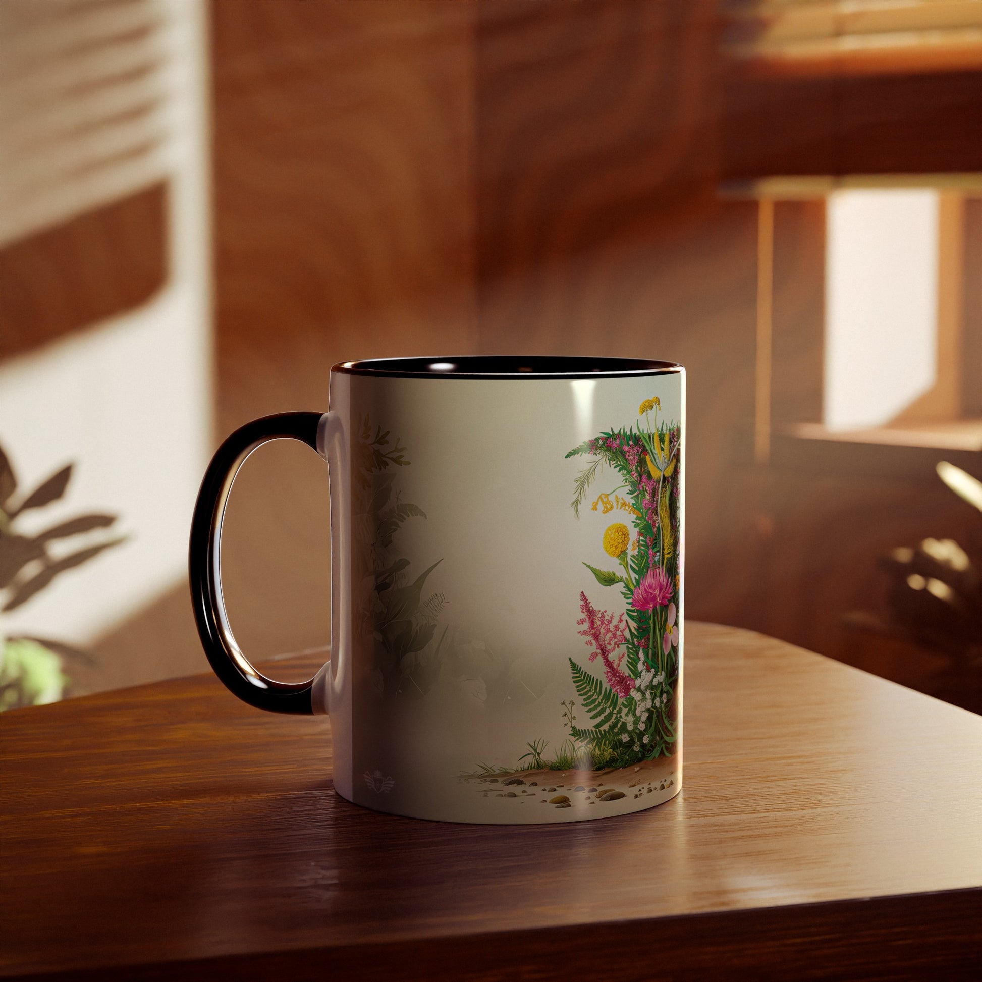 Floral Fantasy Two-Tone Ceramic Mug with Letter F Black-04