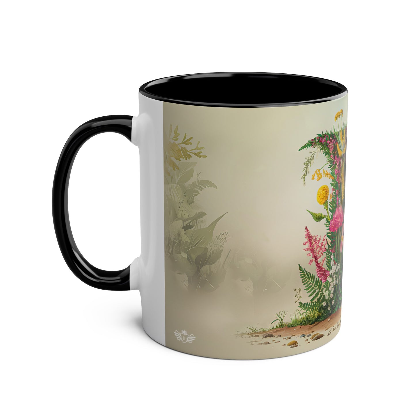 Floral Fantasy Two-Tone Ceramic Mug with Letter F Black-02