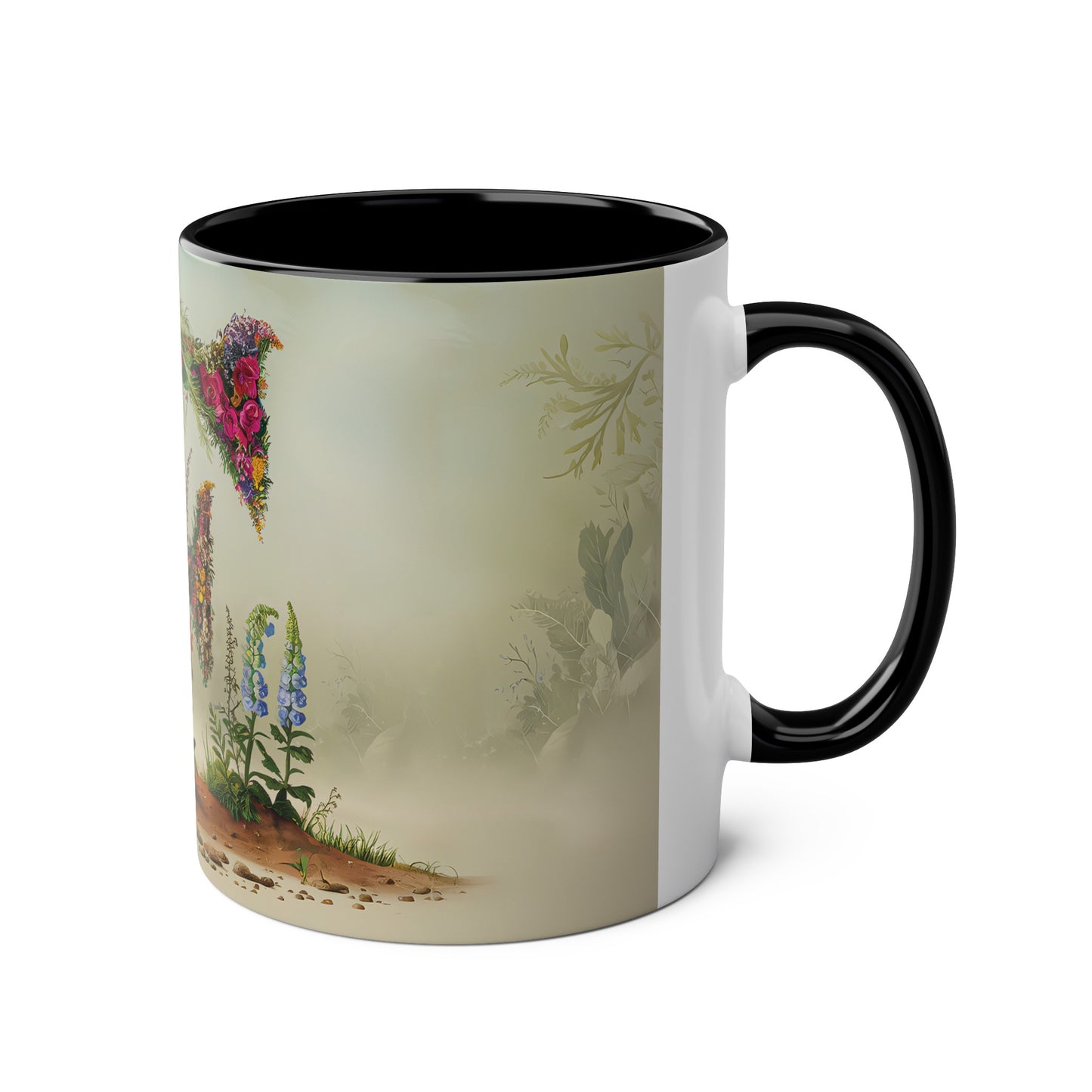 Floral Fantasy Two-Tone Ceramic Mug with Letter F Black-03