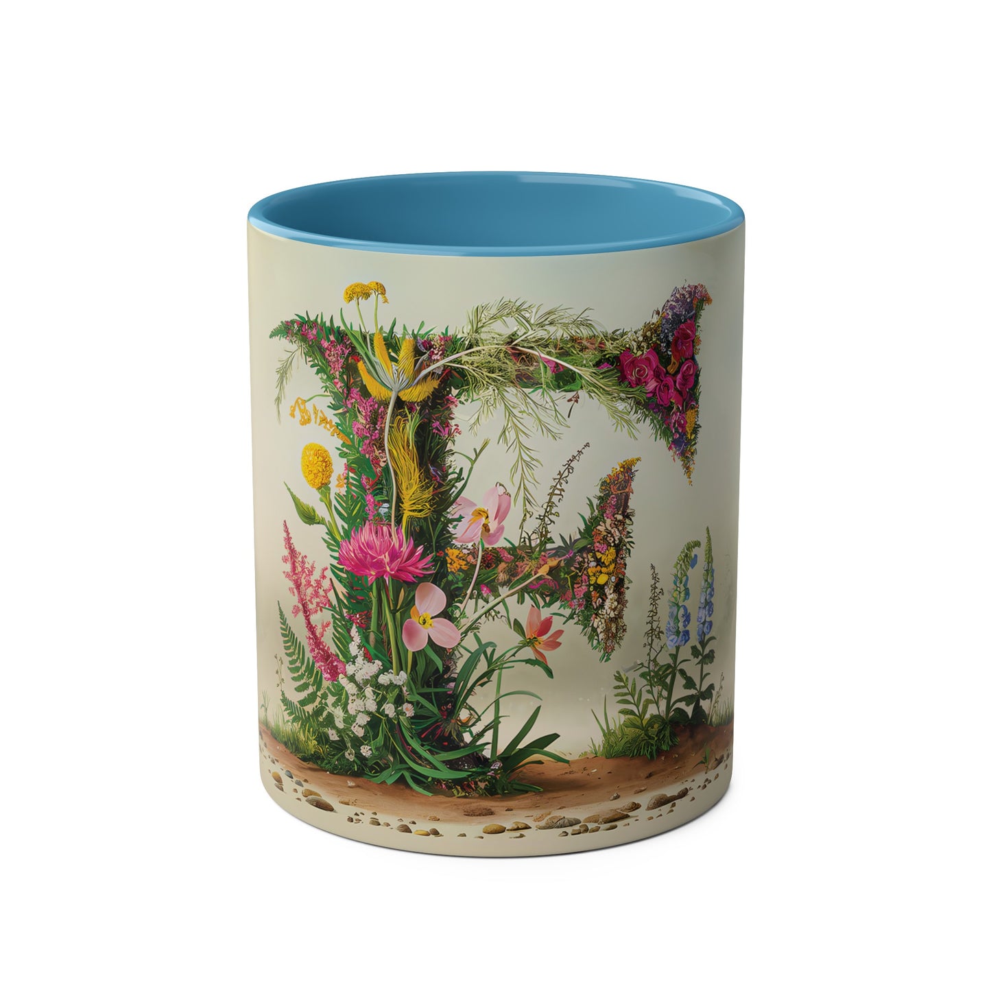 Floral Fantasy Two-Tone Ceramic Mug with Letter F Blue-01