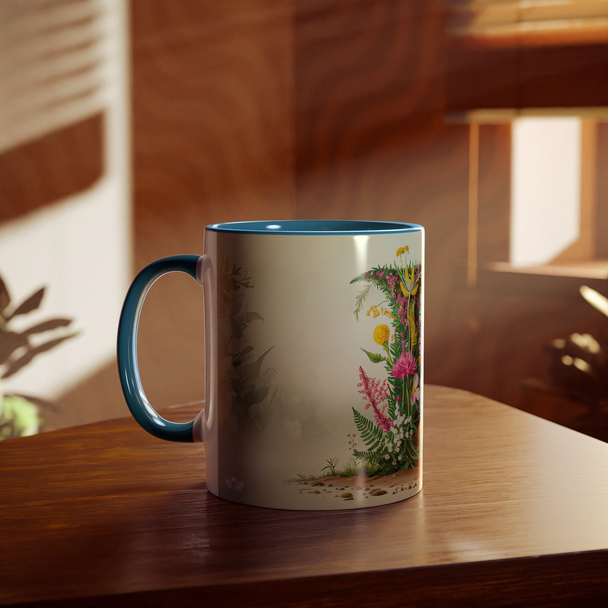 Floral Fantasy Two-Tone Ceramic Mug with Letter F Blue-04