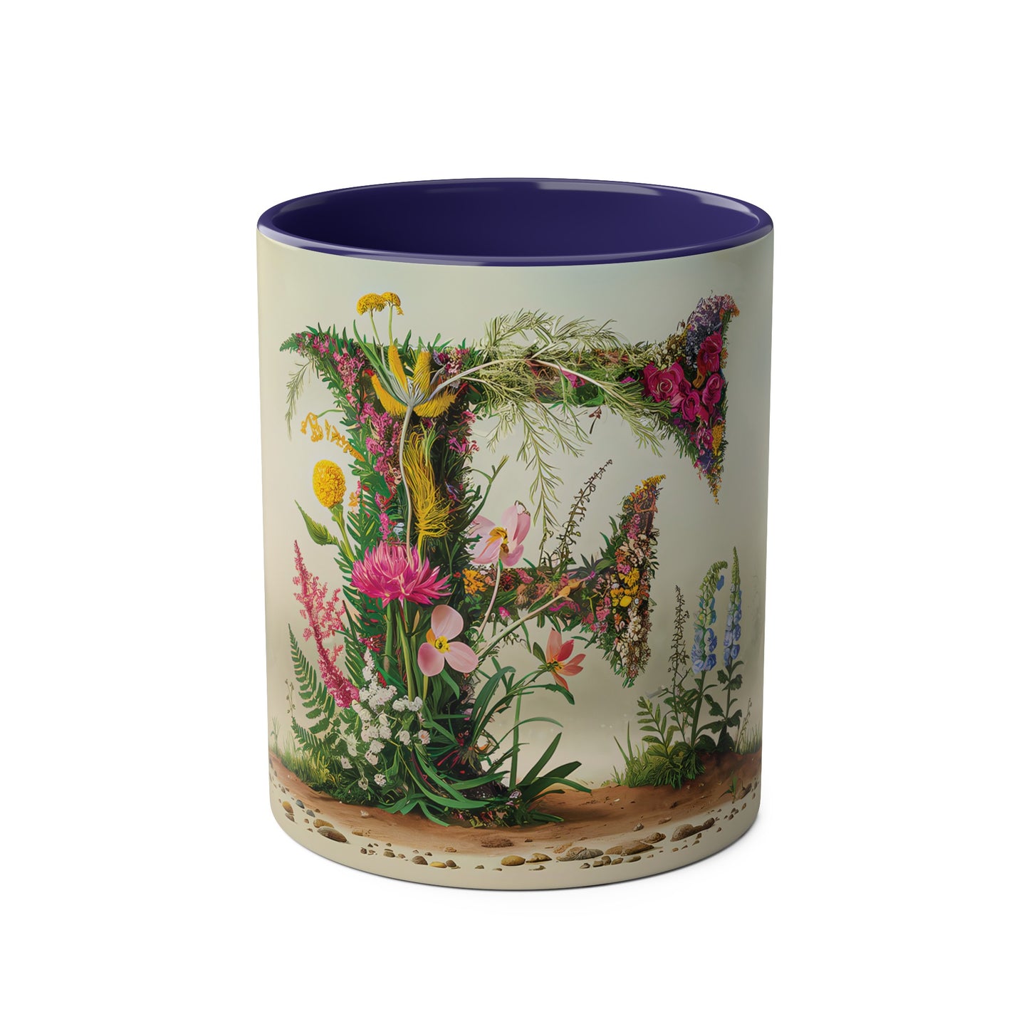 Floral Fantasy Two-Tone Ceramic Mug with Letter F Dark Blue-01