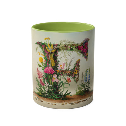 Floral Fantasy Two-Tone Ceramic Mug with Letter F