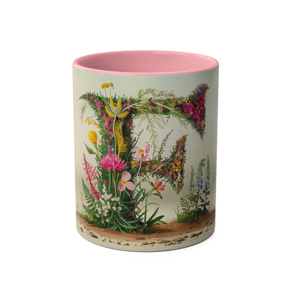 Floral Fantasy Two-Tone Ceramic Mug with Letter F Pink-01